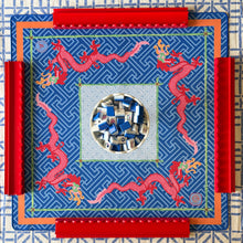 Load image into Gallery viewer, Decorative blue mahjong mat with red dragons set up for game play