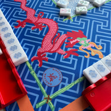 Load image into Gallery viewer, Birdsong Mahjong game mat with red and blue dragon design.
